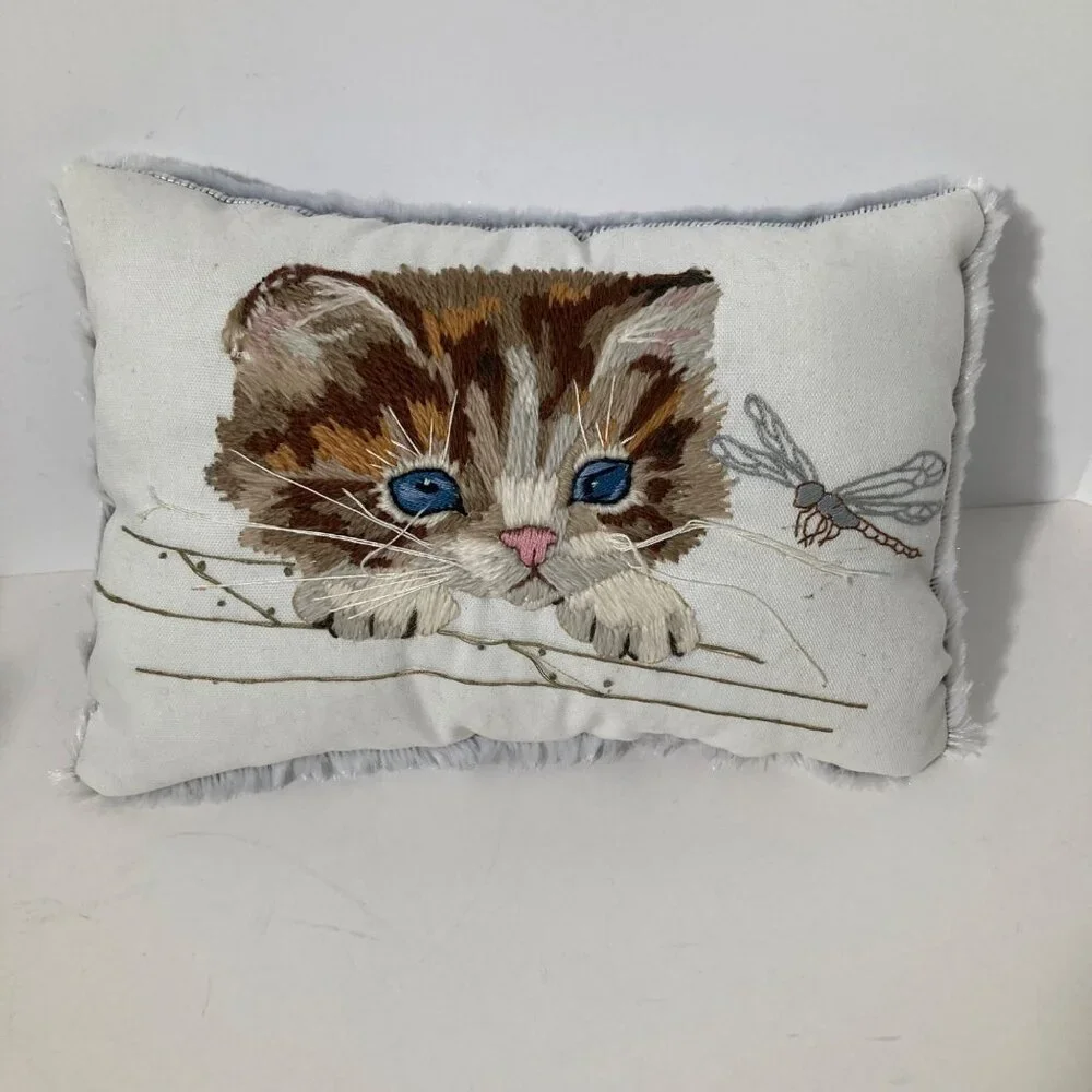 Handmade‎ Crewel Embroidered Kitty Dragonfly Pillow Faux Fur Backing 10 x 6 x 4